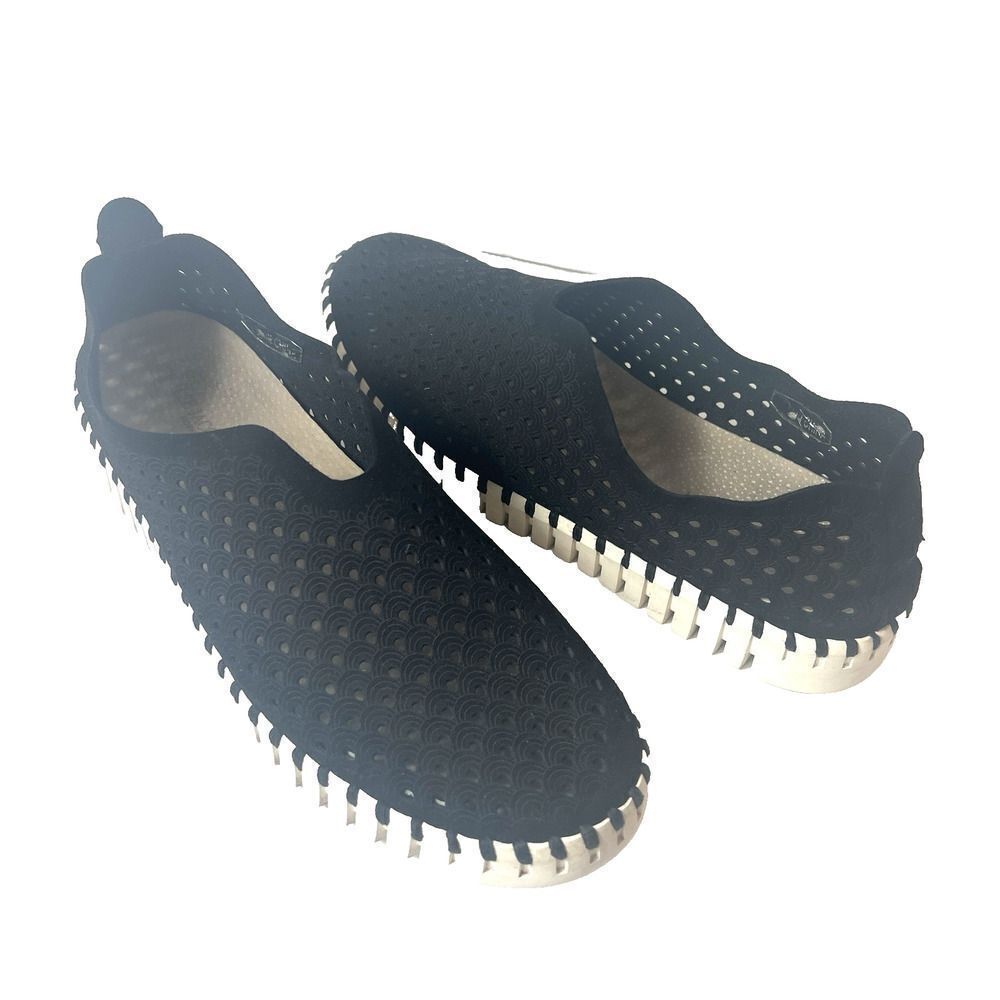 Ilse Jacobsen Black Perforated Slip-On Flats with White Trim